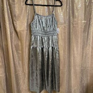 Old Navy Metallic Silver Waist Defined Cami Midi Dress‎ Size M NWT